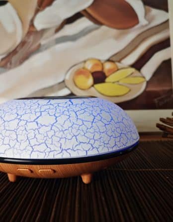 Difusseur d'huiles essentielles en forme de soucoupe posée sur un buffet contemporain devant un tableau